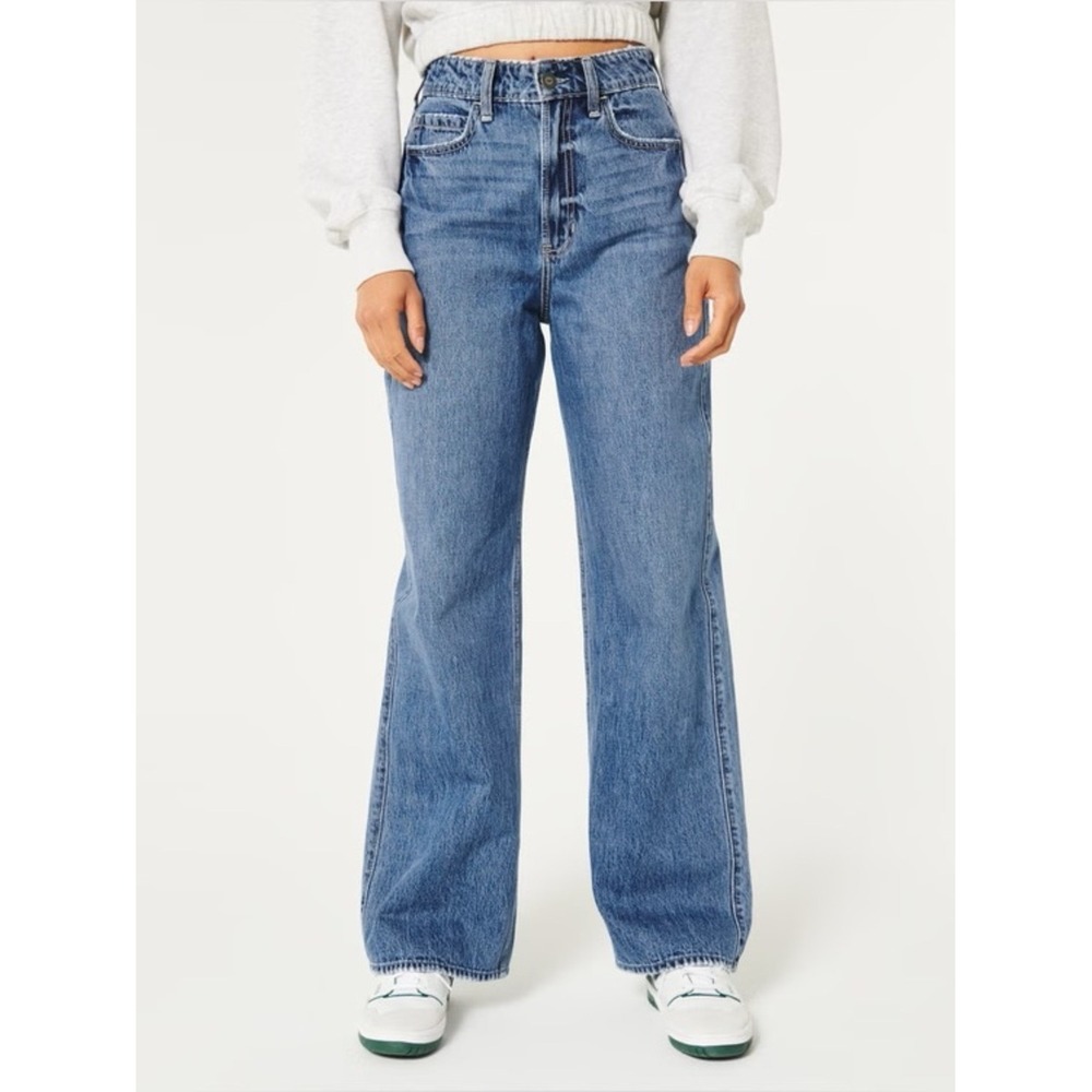 Hollister Women Ultra High-Rise Baggy Jeans Blue Wide Leg 6R W28